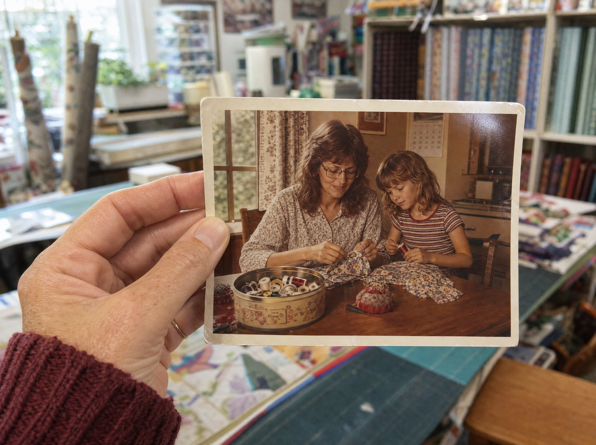 Bev at her sewing table
