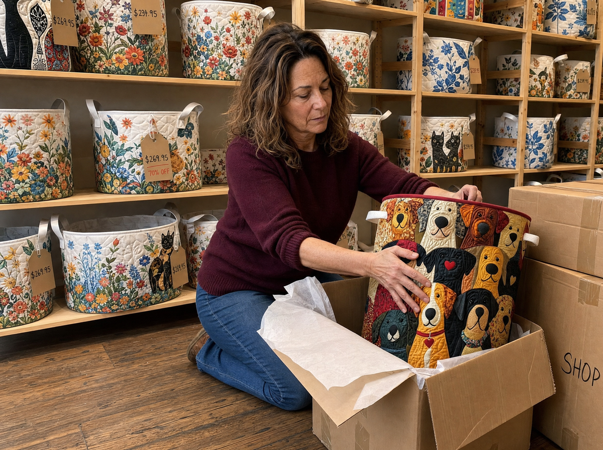 Olivia packing boxes in the workshop