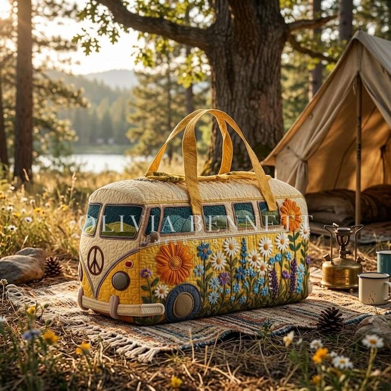 Sunflower Meadow Bus Quilted Duffle Bag