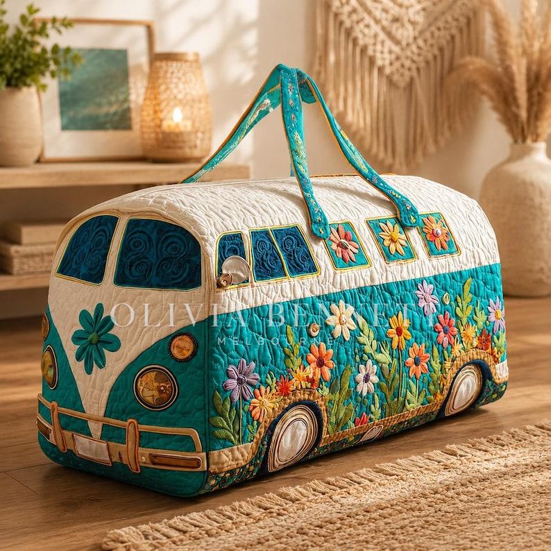 Turquoise Flower Power Quilted Duffle Bag