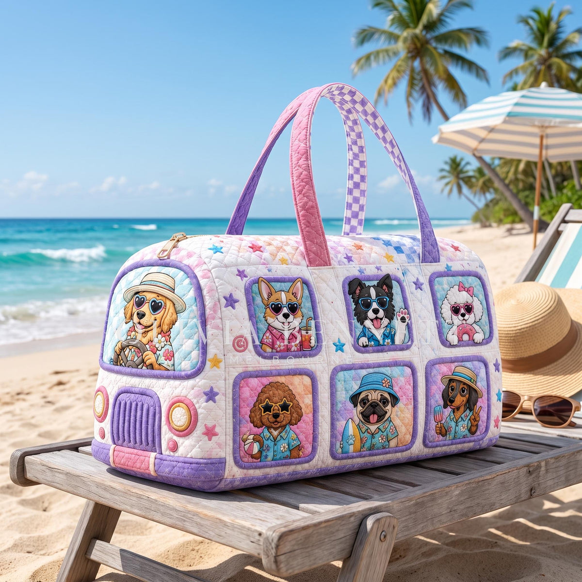 Summer Puppy Bus Quilted Duffle Bag