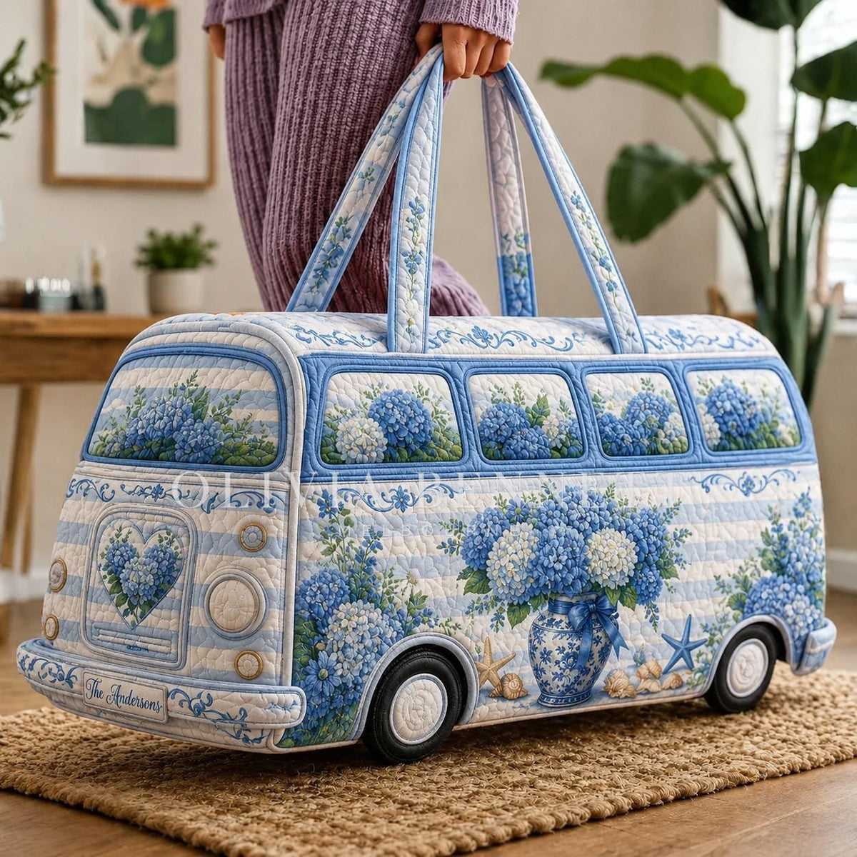 Blue Hydrangea Camper Quilted Duffle Bag
