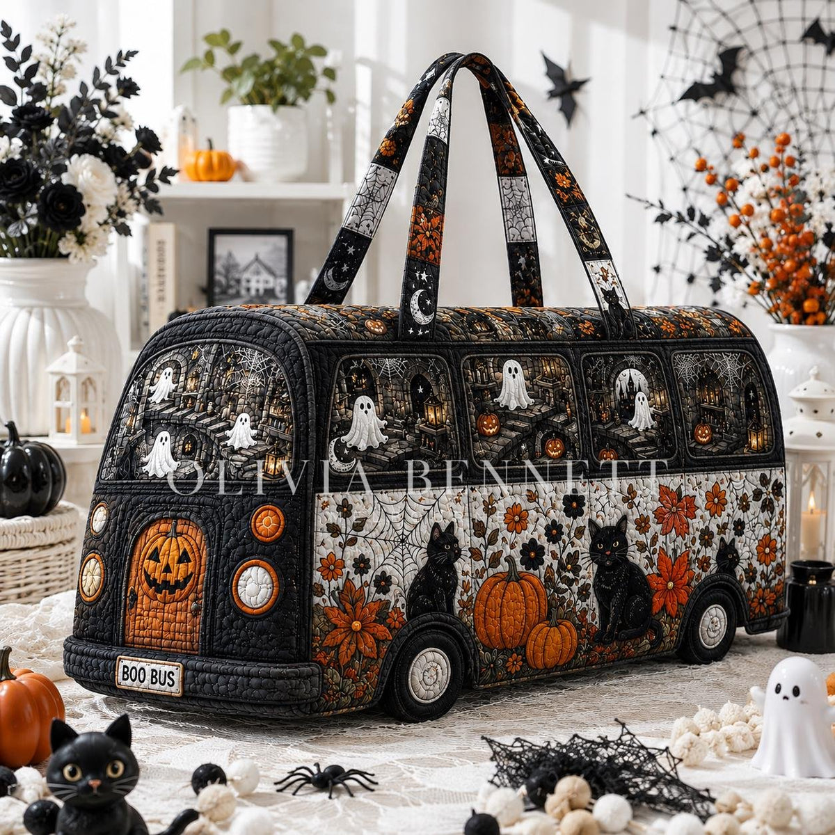 Black Cat Halloween Bus Quilted Duffle Bag