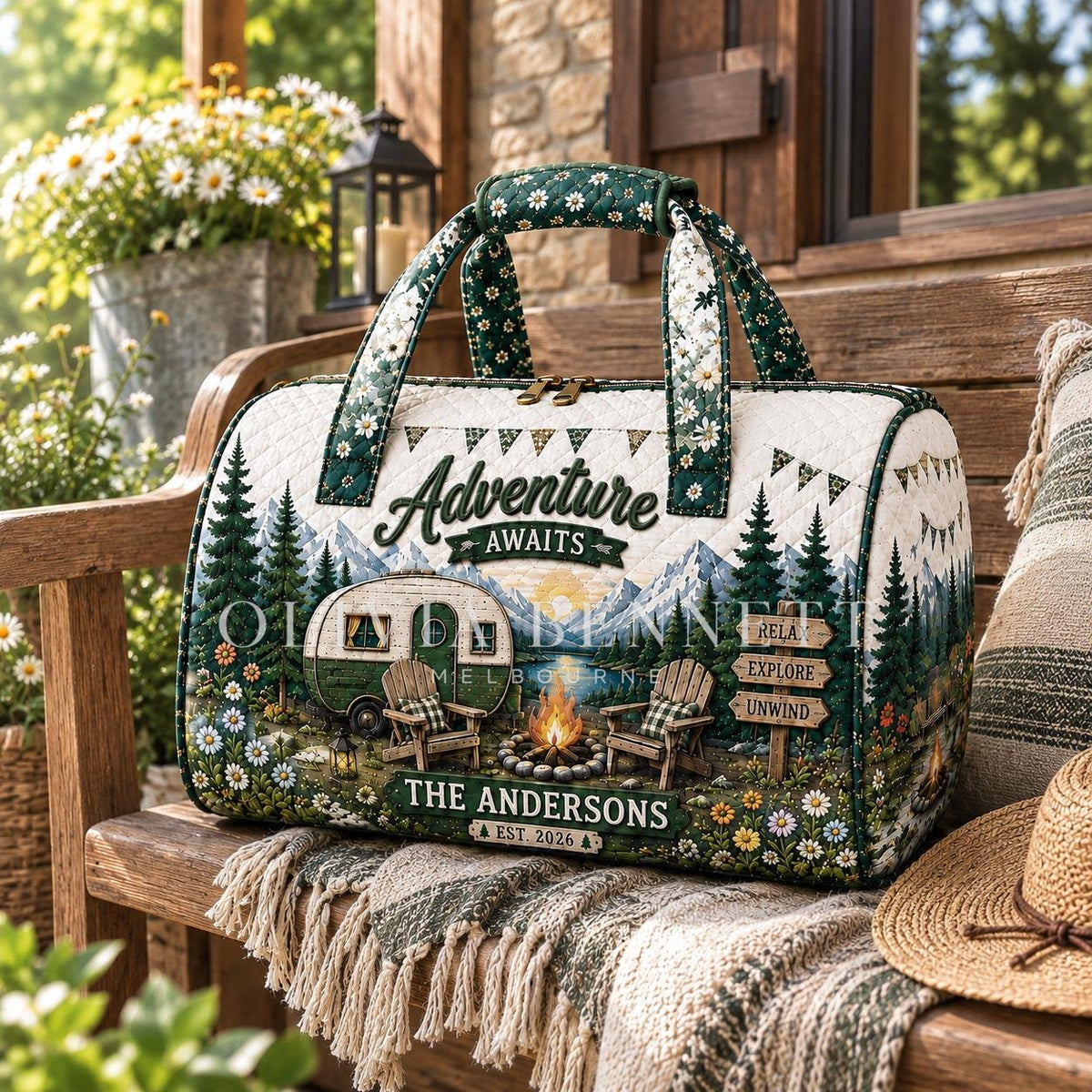 Adventure Awaits Campsite Quilted Duffle Bag