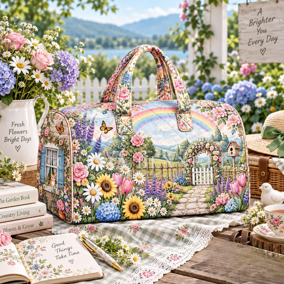 Rainbow Cottage Garden Quilted Duffle Bag