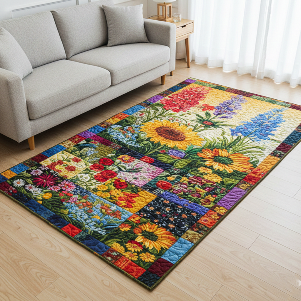 Meadow Light Area Rug – bright flowers and leafy details arranged in cheerful patchwork-style panels