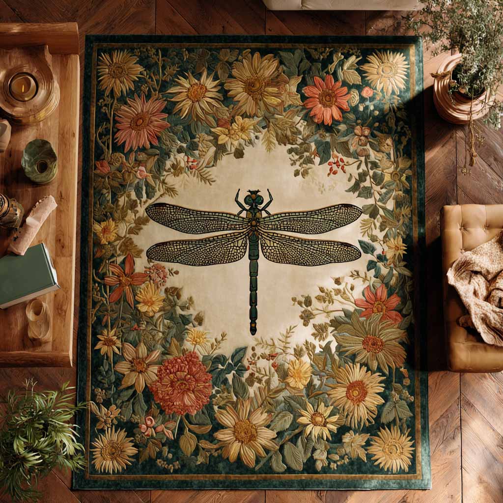 Meadow Wings Area Rug – a dragonfly surrounded by flowers and leafy details in cream and warm earthy tones