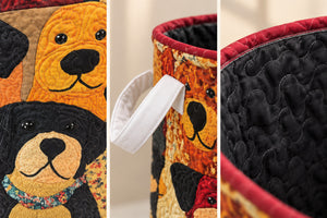 Detail composition of quilted fabric, a fabric handle and black lining.