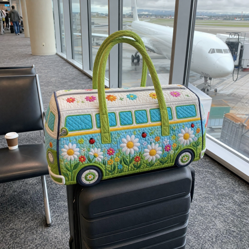 Floral quilted duffle on a suitcase at the airport