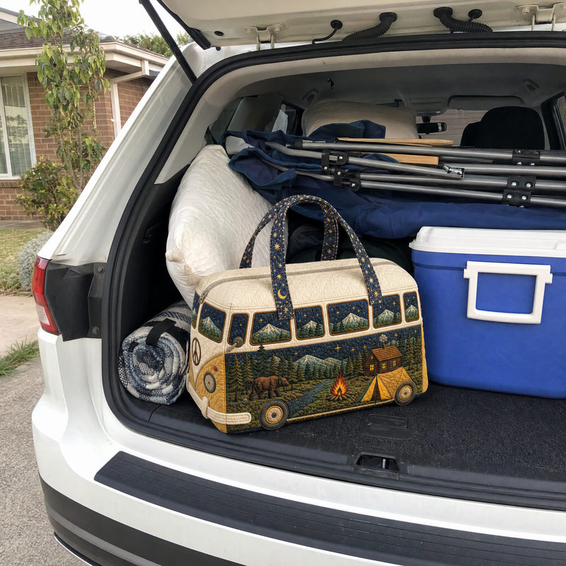 Forest print quilted duffle packed for a camping trip