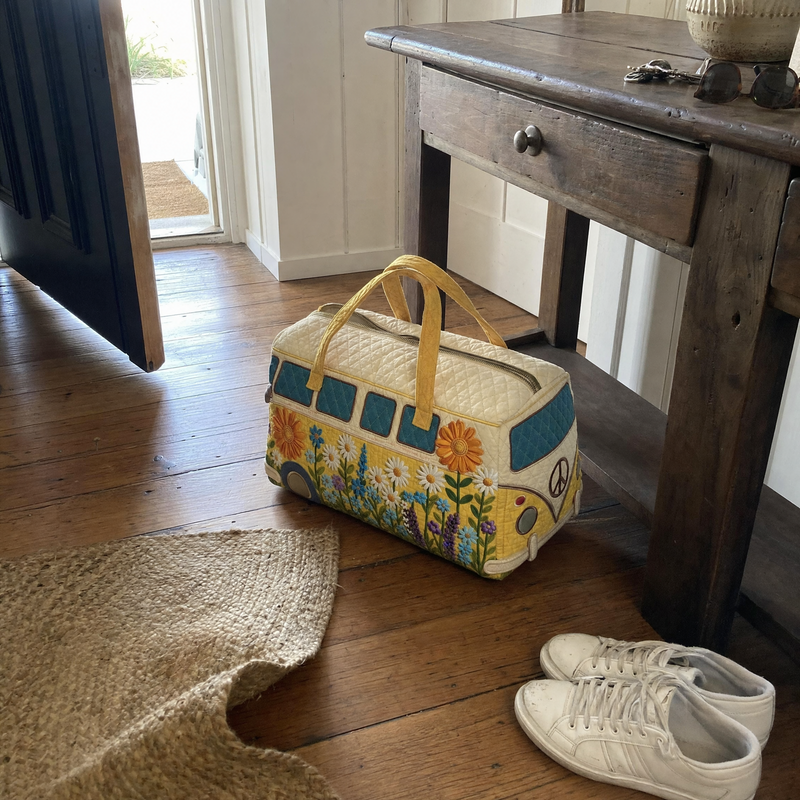 Sunflower quilted duffle by the front door