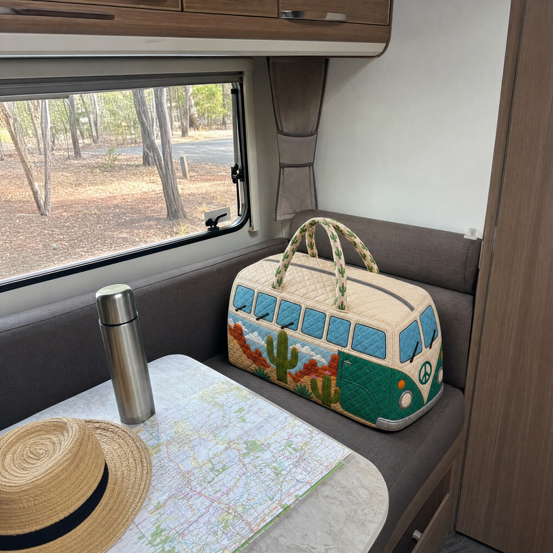Desert print quilted duffle on a caravan seat