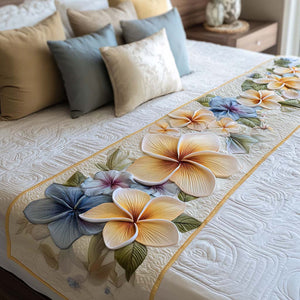 Plumeria Garden Quilted Bed Runner – pale frangipani flowers and soft green leaves on a light ground
