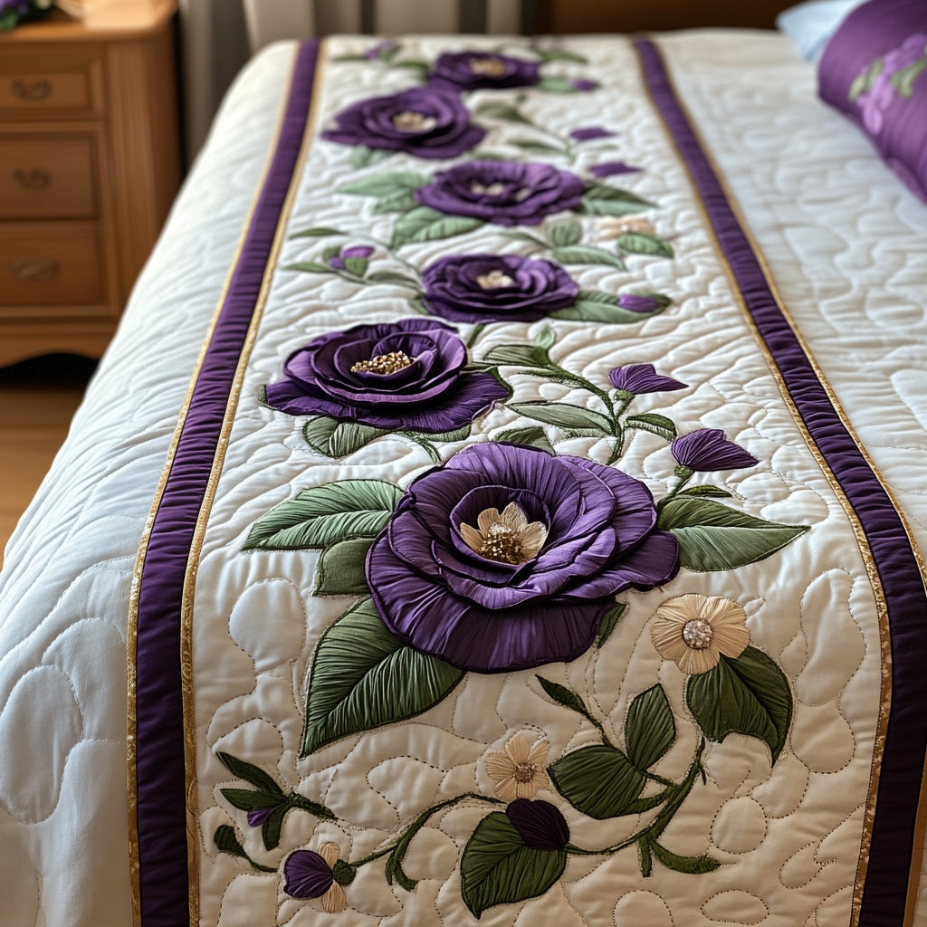 Rose Garden Quilted Bed Runner – purple roses and leafy stems arranged across a light cream ground