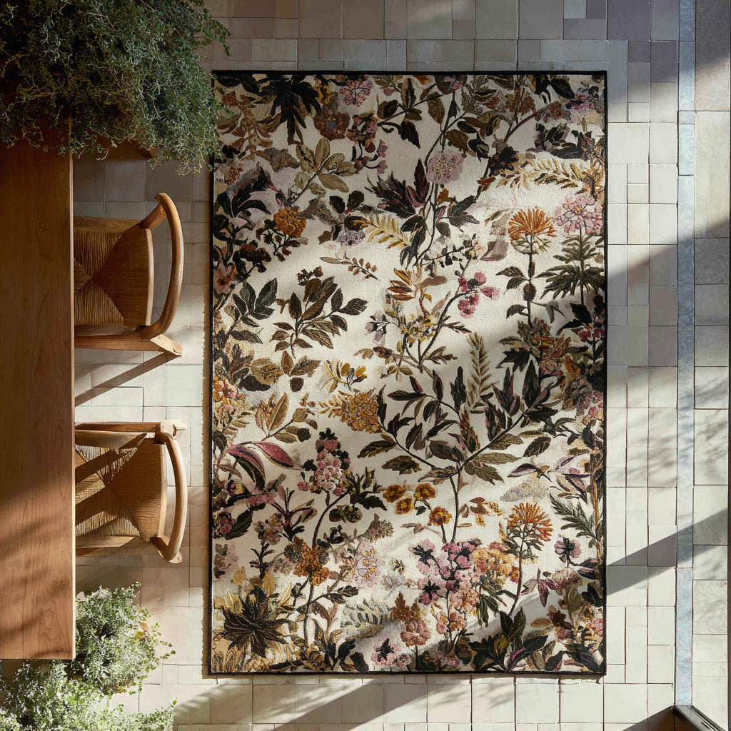 Soft Botanica Area Rug – delicate leafy stems and small flowers on a warm cream ground