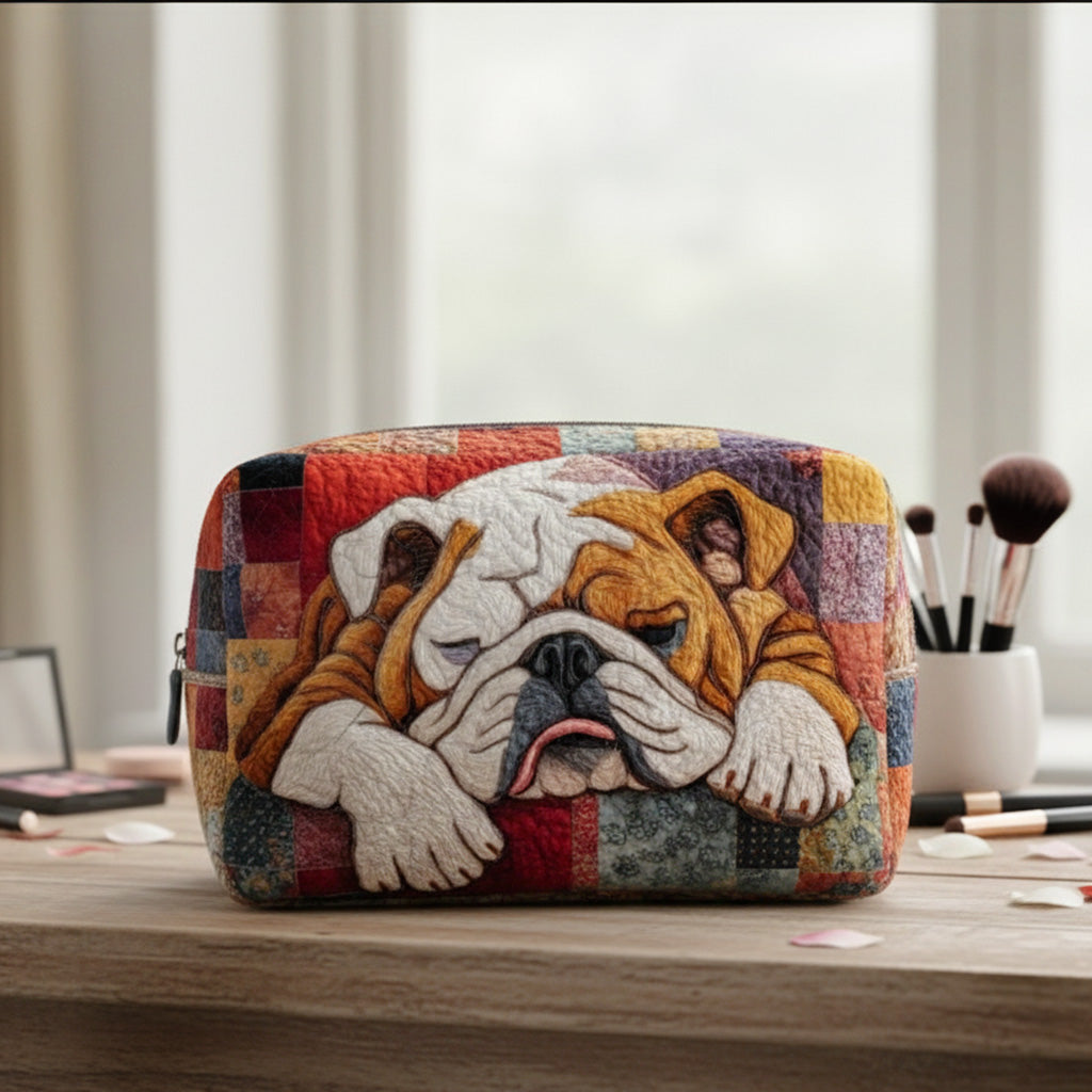 Sweet Bulldog Dreams Quilted Toiletry Bag – a sleeping bulldog framed by warm, colourful patchwork-style panels