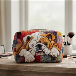 Sweet Bulldog Dreams Quilted Toiletry Bag – a sleeping bulldog framed by warm, colourful patchwork-style panels