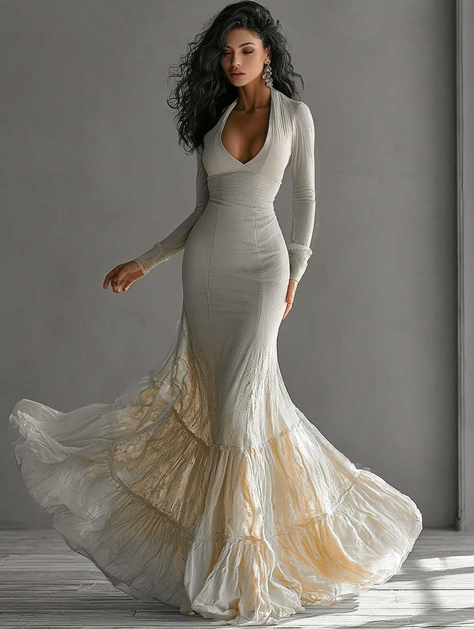 Deep V-Neck Long-Sleeved A-Line Mermaid Elegant Gown
