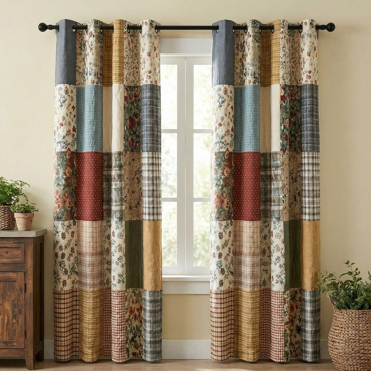 Vintage Garden Quilted Curtains – floral patchwork-style panels in muted green, cream and warm red