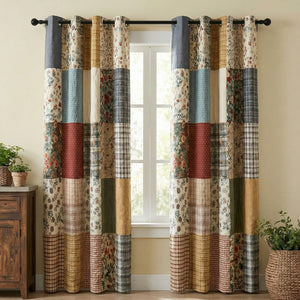 Vintage Garden Quilted Curtains – floral patchwork-style panels in muted green, cream and warm red