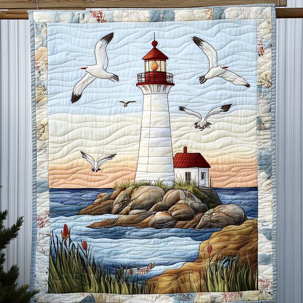 Waves Of Serenity Quilted Blanket – lighthouses, seabirds and peaceful coastal scenes in pale blue and cream panels