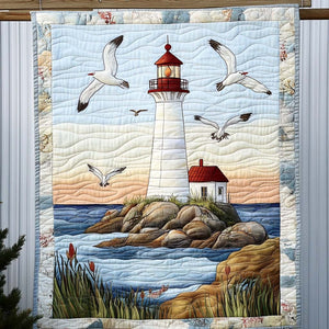 Waves Of Serenity Quilted Blanket – lighthouses, seabirds and peaceful coastal scenes in pale blue and cream panels